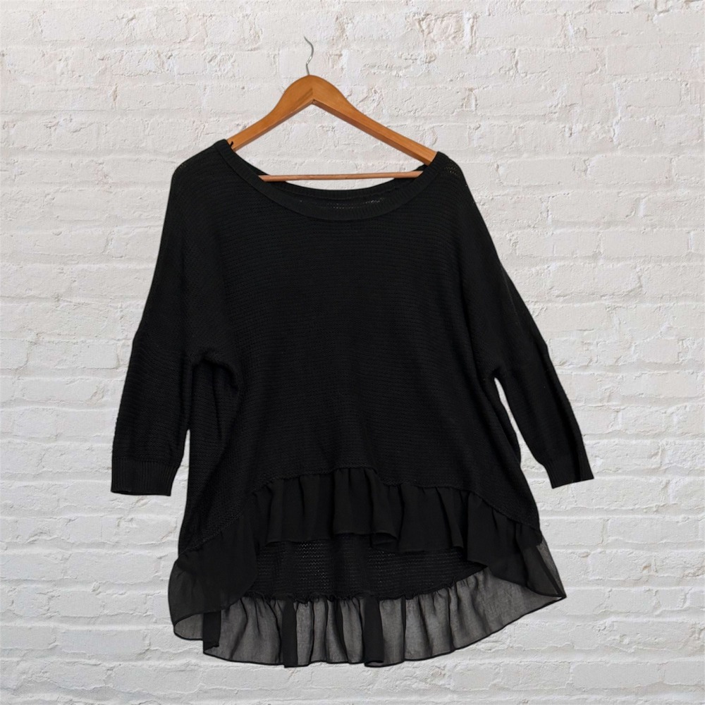 American Eagle Outfitters Black Knit Ruffle Chiffon Hem Sweater Top Small